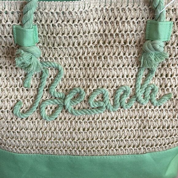 Green and Tan Raffia and Canvas Beach Tote - Picture 6 of 10